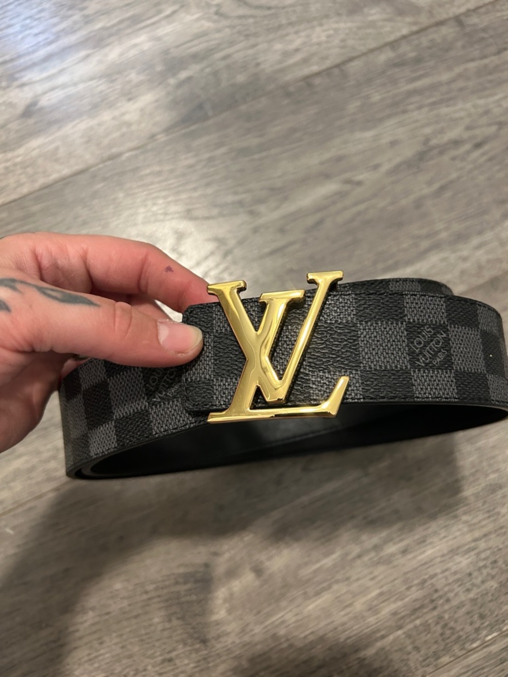 LV Black & Gray Belt with Gold LV Buckle. Fit for sizes 30-34 waist.